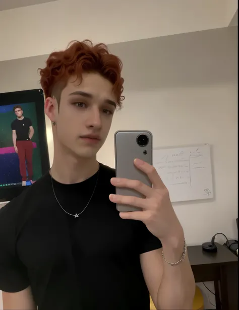 there is a man taking a selfie in a room with a computer, he has short curly brown hair, rizos en la parte superior de su cabeza, taken in the early 2020s, chico adolescente de pelo rojo, con pelo rojo rizado, hombre joven delgado, foto de perfil en la cab...