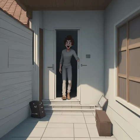 Animation of a person entering a house and being greeted by other people