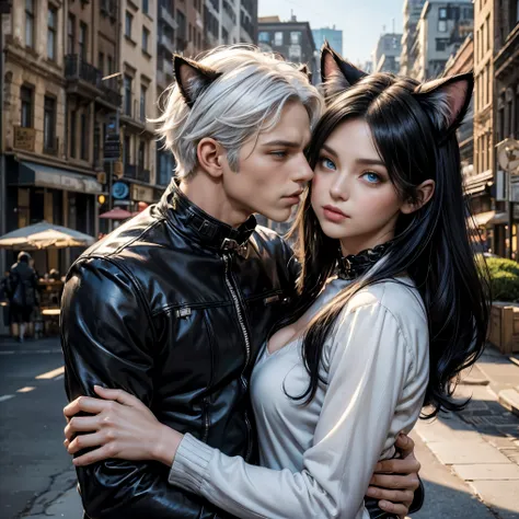 (woman, black hair, brown eyes, cat ears, close to man)( man, male, white hair, blue eyes, Man with cat ears, get ear) woman and man, cat ears, couple , park scenery , kiss