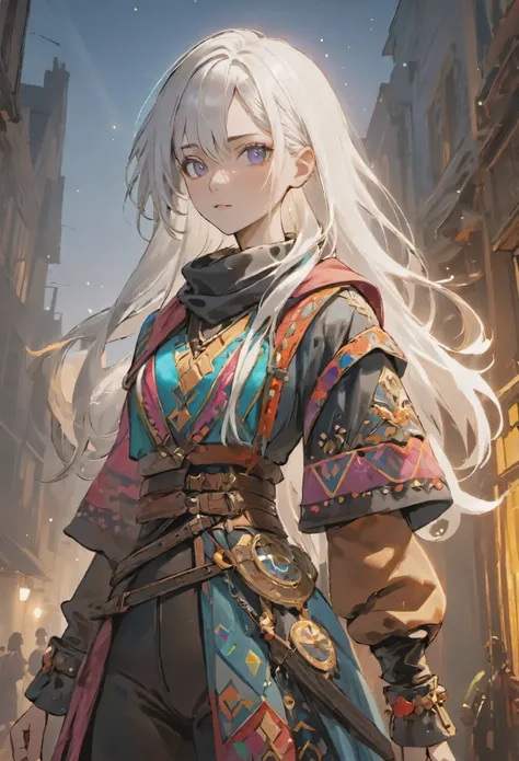 ((sparkling white hair)), white hair, female adventurer, full body, game art style, (masterpiece), (colorful clothing 1:5), scarves, leather belts, half skirt over pants and boots, flowing blouse and leather corset, best quality, highres, 4k, 8k, Detailed ...