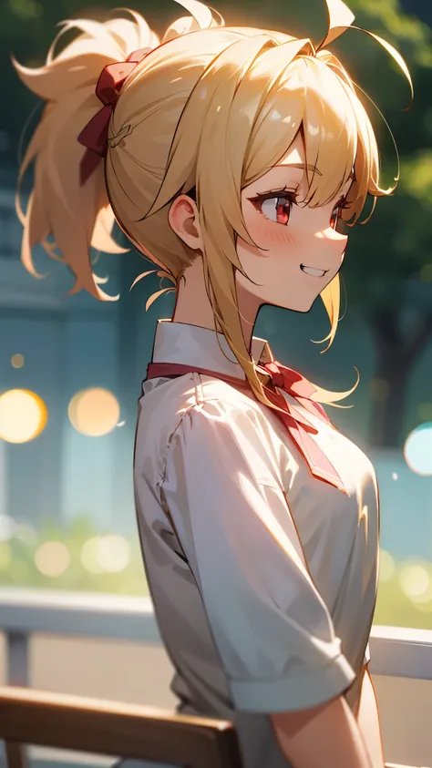 １girl、small breasts、blonde、red eye、ponytail、Ahoge、grin、profile、upper body close-up、Morning café terrace、background bokeh, Depth of the bounds written