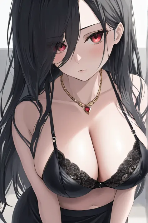 kelolinde,1girl,jewelry,breasts,skirt,solo,shirt,pencil skirt,black skirt,bra,cleavage,pantyhose,necklace,looking at viewer,holding,black bra,Bra,long hair,black hair, light red color eyes, detail face, detail hair, detail eyes,unfriendly face, detail brea...