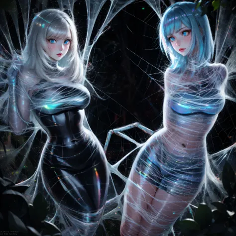 girl captured in the spider web,realistic, 1girl, holographic hair, heterochromic eyes, glowing eyes, holo crop top, holo skirt,...