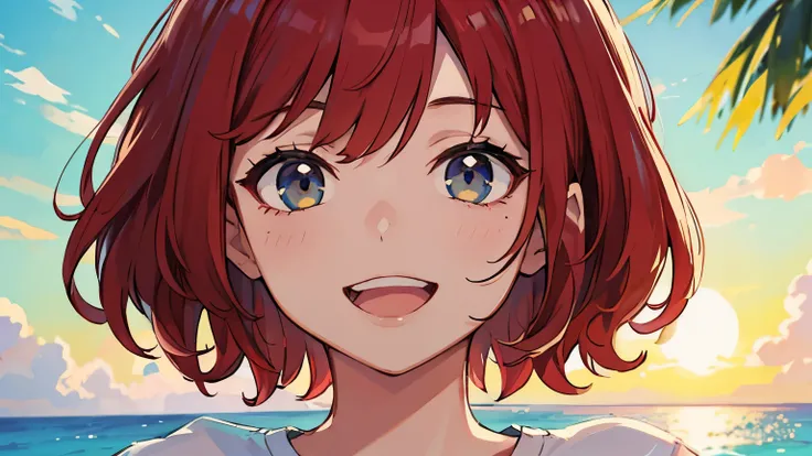 ((best quality)), ((masterpiece)), (detailed), perfect face,morning,Ocean,sun,short sleeve t-shirt,red hair,smile,open your mouth a little