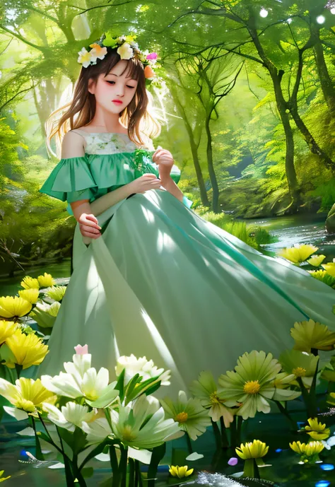 Forest girl with floating flowers, river, undulating, undulating cheeks, cute,
bright colors, colorful art style, 
soft lighting, soft shadow, fine texture, dynamic lighting,  
nice hands, perfect hands, 
