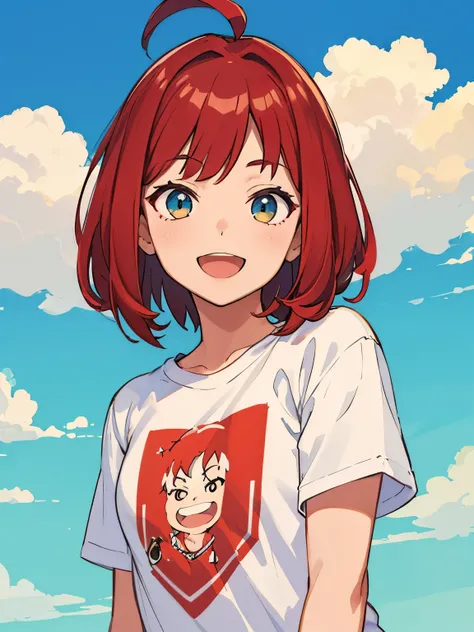 ((best quality)), ((masterpiece)), (detailed), perfect face,red hair,smile,open your mouth a little,summer,Blue sky,cloud,Standing picture,short sleeve t-shirt,Upper body