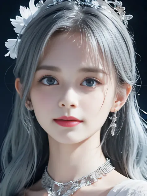 ４K、she is a wind fairy、angel wings on the back、blue eyes、Dress that shows your collarbones、blue sky background、close up of face、gray hair、big feathers、Blue and white background、platinum decoration、platinum earrings、platinum necklace、Platinum Silver Hair、pl...