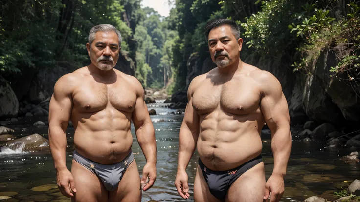 2 vietnamese grandfathers with gray hair, mature face, a thick mustache, a short chin beard, bear body, wearing a massive bulging gray jockstraps standing at the stream, have belly, big muscular chest, a sexy pose.