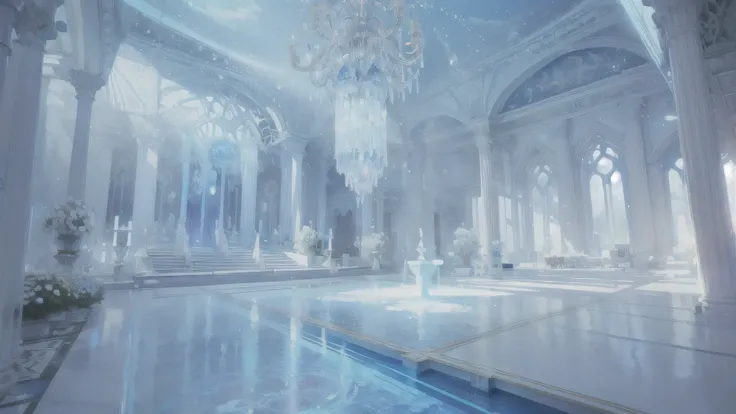 There is a light blue and white water room，There are many white light flowers and candles inside、Light blue glowing floating lantern, magnificent epic background, Background of the Kingdom of Light, Fairy tale style background, palace background, Crystal r...