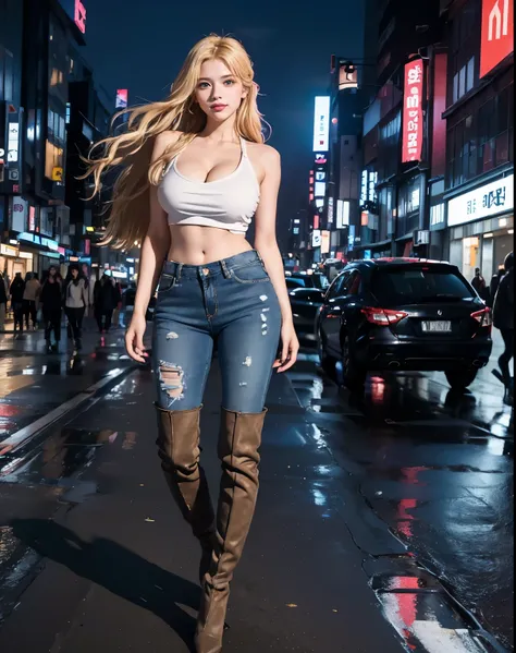 1girl, (Blue Eyes), (smiling), (Sana Minatozaki), wide hips, Big tits, big ass, (Best Quality, 8k, Masterpiece: 1.3), Clear Focus: 1.2, Perfect Body Beauty: 1.4, Highly detailed face and skin texture, detailed eyes, double eyelids, (blond long hair behind ...