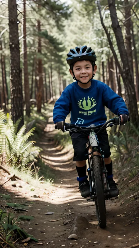 A little boy on a mtb bike, en el bosque iluminado