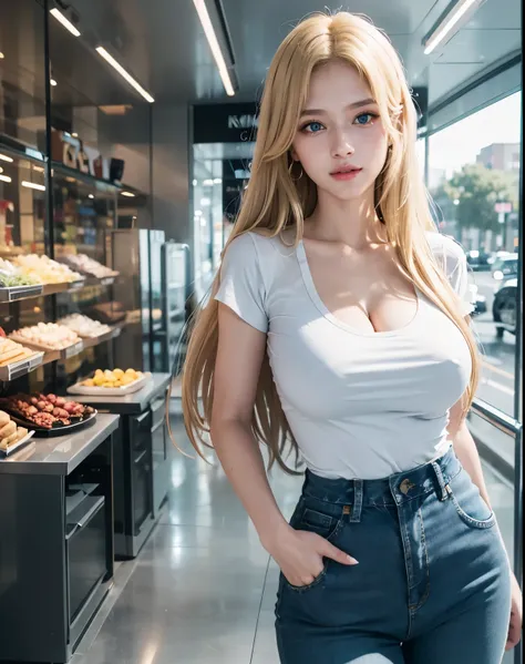 1girl, (Blue Eyes), (smiling), (Sana Minatozaki), wide hips, Big tits, big ass, (Best Quality, 8k, Masterpiece: 1.3), Clear Focus: 1.2, Perfect Body Beauty: 1.4, Highly detailed face and skin texture, detailed eyes, double eyelids, (blond long hair behind ...