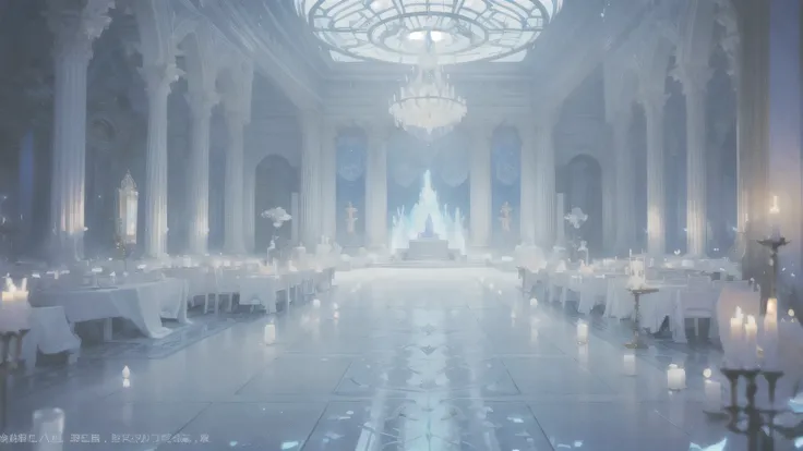 There is a light blue and white water room，There are many white light flowers and candles inside、Light blue glowing floating lantern, magnificent epic background, Background of the Kingdom of Light, Fairy tale style background, palace background, Crystal r...