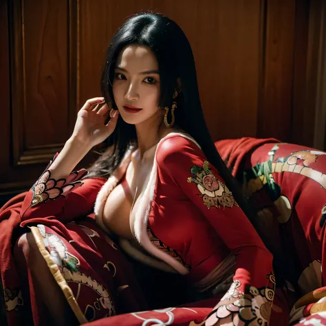 A korean-american beautiful girl, 1girl, cosplay boa hancock from one piece,(masterpiece:1.2), (best quality:1.2), (extremely detailed), cleavage, aesthetic, (extremely detailed face), ultra-detailed eyes and pupils, broad shoulder, (ultra detailed), 8k, p...