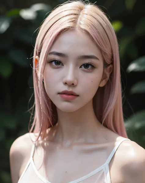 best quality, masterpiece, a 22-year-old beautiful Asian girl with light pink hair, ultra quality, bright eyes with a high level of details, blouse, in the dark, blonde, black short tank top, beautiful & girly, idol. 8k, RAW photo, best quality, masterpiec...