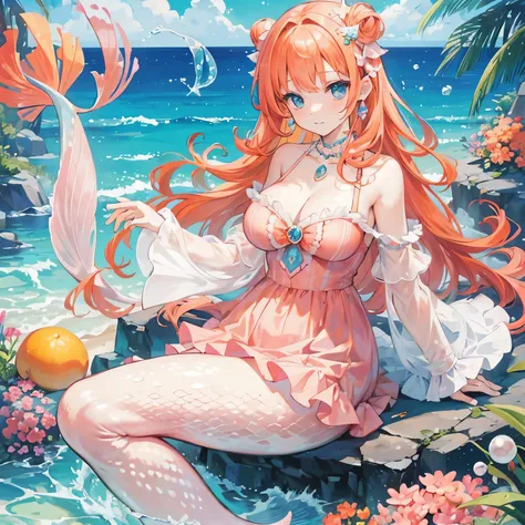 Mermaid, pink mermaid, wavy ginger hair, female, plus size, frilly outfit, pearls, blue eyes, orange hair, mermaid fins, no legs, mermaid swimming, bows on mermaid fins, pearls on outfit
