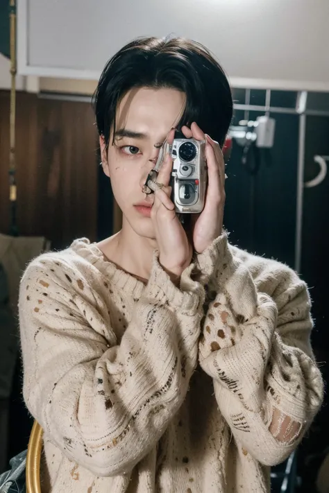 Theres a man taking a picture with a camera in a mirror, com pistola, Jung Jaehyun, Jimin, Levi Ackerman, Kim Doyoung, taejune kim, olho estranho, park Jimin, aesthetic photo, Jinyoung Shin, hyung tae, Jungkook, Jiminthe right eyelid is swollen, still from...