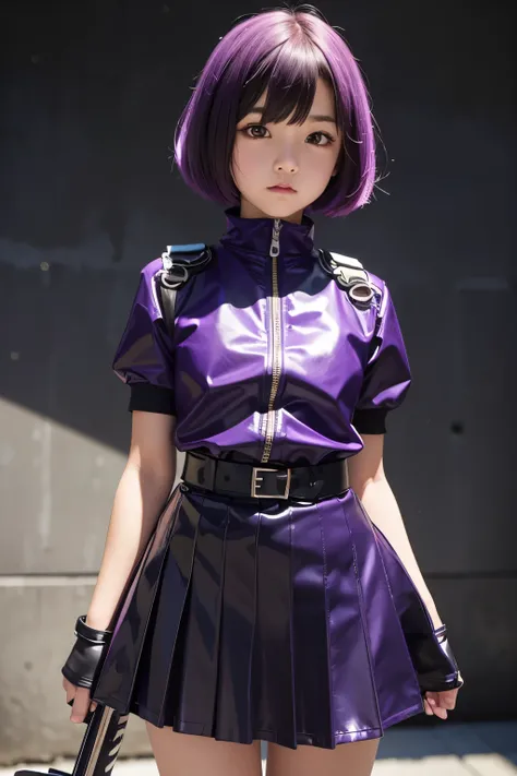 Ultra detailed,   girl 8 years old,  childshi body  , short purple  hair frinje , hero mask , angry , uniform hero kevlar latex purple , seios  planos , colete aprova  de  balas  , cinto-de-utilidades coldrer , chess skirt , botas militares  .  Katana . 