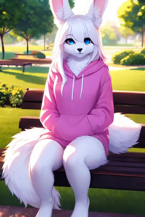 bunny girl with blue eyes, black nose, white fur, fluffy tail, white ears, long white hair, outside park background, sitting dow...