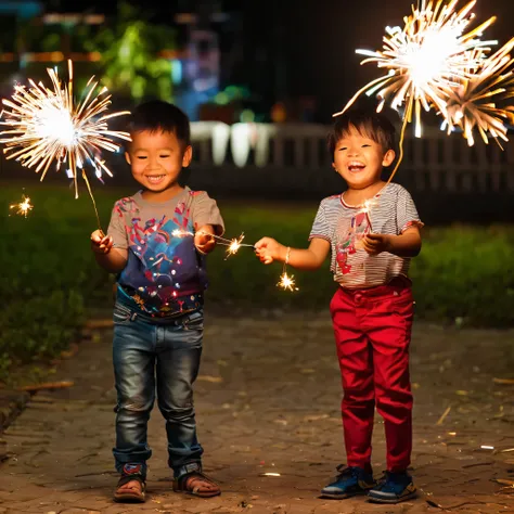 two children holding sparklers in their hands in the dark, sparklers, happy!!!, sparks, fireworks, sparks of light, celebrating, shot with canon eoa 6 d mark ii, kids, magical sparks, with sparking circuits, kid, by Basuki Abdullah, shot with canon 5 d mar...