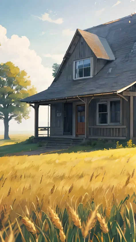 An old, forgotten farmhouse on the edge of a windswept prairie, with weather-beaten walls and a sagging porch swing swaying mournfully in the breeze, surrounded by fields of golden wheat waving in the wind.