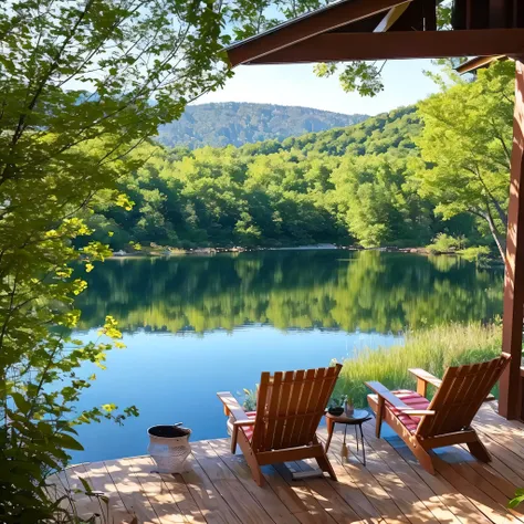 A beautiful lake view from the deck of a cottage, there is a stone fire pit between two reclining deck chairs