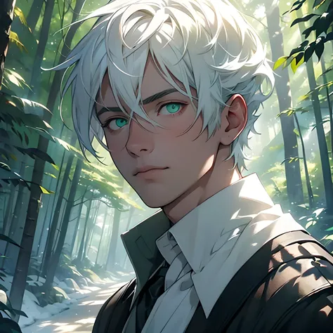 um menino, sozinho e desconhecido. Seu cabelo branco brilha como neve, contrastando com seus intensos olhos verdes. ambiente florestal, illustration, ultra-detalhado, cores vibrantes, lush vegetation, sunlight filtered through the trees, magical atmosphere...