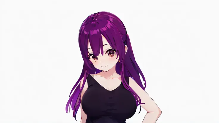 1girl, fair skin, brown eyes, bangs, purple hair, long hair, pigtails, black tank top, white straps, large breasts, happy, absurdres, high res, ultrasharp, 8K, masterpiece, looking at viewer, smiling, cute