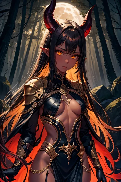 best quality, nsfw, extremely beautiful, beautiful face, long straight brown hair, yellow eyes, (Shiny dark red skin : 1.2), skinny, small breast, Demon horns, revealing dark armor, dark cape, in a dark forest at night, moon in background