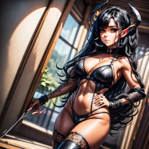 Full body posture,(Masterpiece, high quality, high definition), 1demon girl, beautiful and extremely sexy, ((perfect body, slim, athletic body)), (shabby thighs), (pointed ears), (horns), (red eyes ), (black long thick and wavy hair), (beautiful, bright ey...