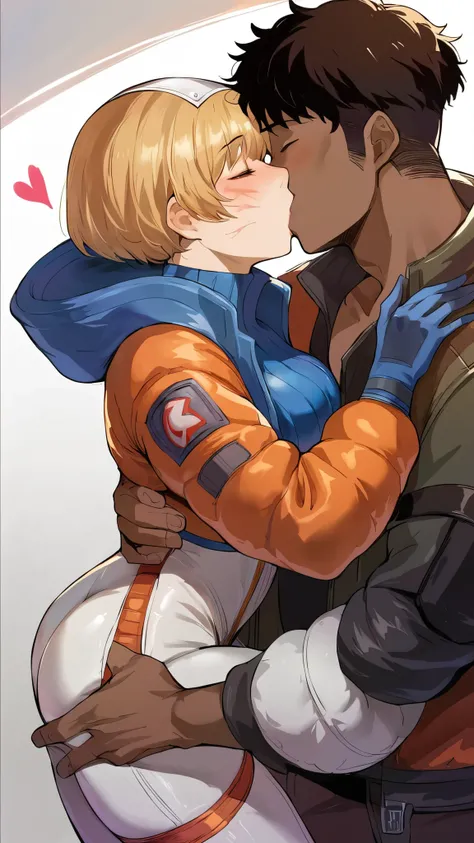 score_9, score_8_up, score_7_up, score_6_up, source_anime, BREAK by ikuchan kaoru, iku, clean color, flat color, kissing, kissing, golding uo, carrying, dark skinned male, loving embrace, apex legends, wattson, 1boy, 1 girl