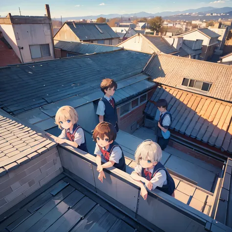 6 boys and 3 girls on the school roof looking at the camera