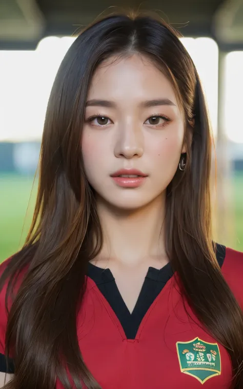 ((highest quality, 8K, masterpiece: 1.3)), beauty, 1 girl, small: 1.3, thin abs: 1.1, dark brown hair, (rugby field: 1.2), super detailed face, highly detailed lips, fine eyes, double eyelid, muscle