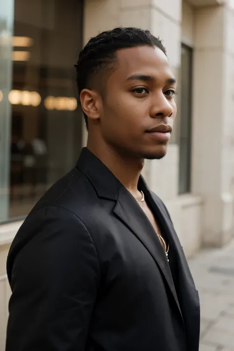  a black-skinned male lawyer with straight, medium-gradient hair.
