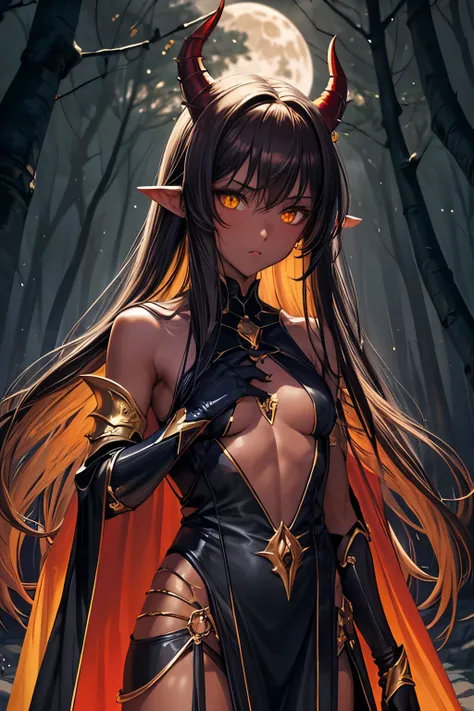 best quality, nsfw, extremely beautiful, beautiful face, long straight brown hair, yellow eyes, (Shiny dark red skin : 1.3), skinny, small breast, Demon horns, revealing dark armor, bare thigh, bare shoulder, long gloves reaching up to the shoulder, dark c...