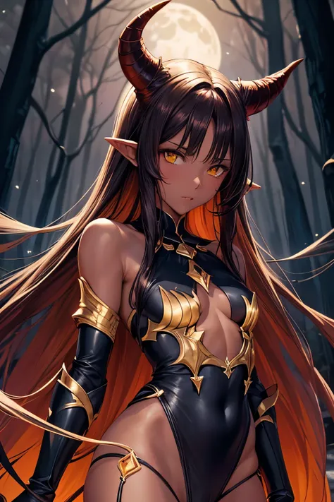 best quality, nsfw, extremely beautiful, beautiful face, long straight brown hair, yellow eyes, (Shiny dark red skin : 1.3), skinny, small breast, Demon horns, revealing dark armor, bare thigh, bare shoulder, long gloves reaching up to the shoulder, dark c...