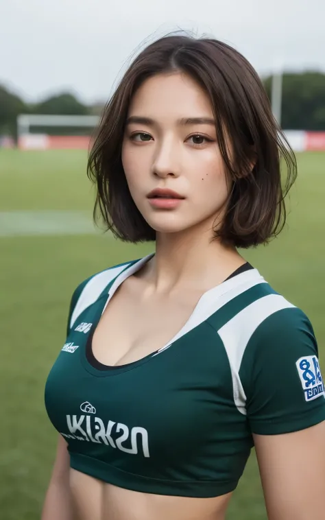 ((highest quality, 8K, masterpiece: 1.3)), beauty, 1 girl, small: 1.3, thin abs: 1.1, dark brown hair, (rugby field: 1.2), super detailed face, highly detailed lips, fine eyes, double eyelid, muscle、short hair、Upper body、emphasize the chest、cleavage、