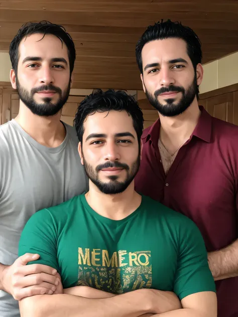 ((mejor calidad)), ((obra maestra)), (detallado), cara perfecta. 3 hombres. one of 20 years, another 30 years old and the other ...