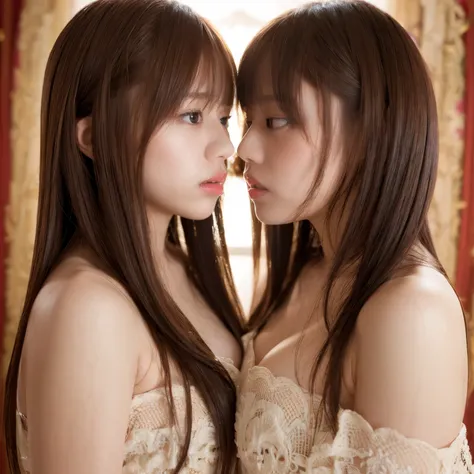 identical twin sisters kissing、highest quality, masterpiece, ultra high resolution, (realistic: 1.4), raw photo, 1 girl, black h...