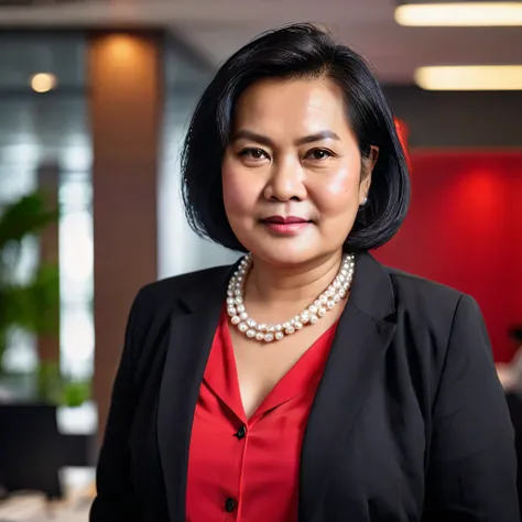 an endomorph 50 years chubby old indonesian lady with  medium  textured bob hair, wearing a formal shirt, black blazer, red t-shirt, black pants, and a pearl necklace. She is standing looking at the camera in a busy office, with a medium close-up centered ...