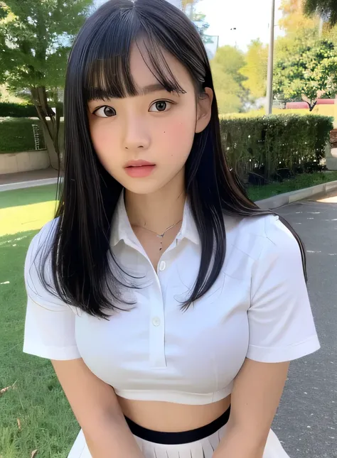 (highest quality, 8K, masterpiece ),12 year old junior high school student, bangs、black hair,big breasty chest is about to burst、white shirt、tight mini skirt, Put the hem of the shirt in the skirt、super detailed face, double eyelid, Upper body、strong natur...