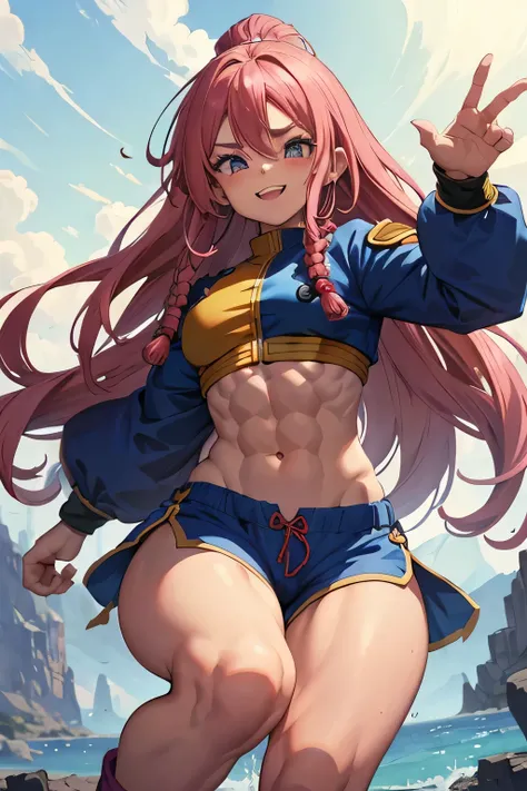 beautiful dwarf woman, solo female, dwarf DND female, long pink hair in dreadlocks, dreads, hazel eyes, muscled, athletic, crop top, short stature, wide shoulders, mature woman, smile, small , blue jacket, blue short shorts, fighter, muscled abdomen, muscu...