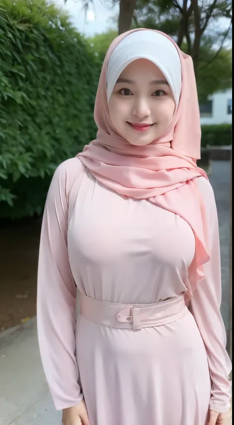 1 indonesian ijab girl, 18 years old, modern plain hijab, shy, medium portrait, watery eyes, pink glowing particles, wearing pastel pink open breasts kebaya, ((big breasts)), open breasts, breast out, pink light bokeh background, well-proportioned body, fu...