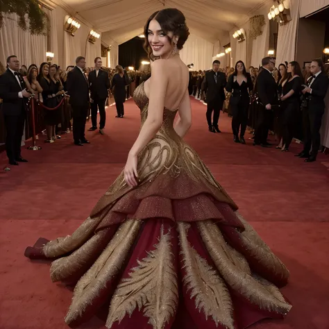 Glamorous young woman is going to oscar rewards, she is walkinG across red carpet and everybody is looking at her. She is wearing extravagant dress, she looks sexy, camera is takimg ber from profile, she is smilling at the fans