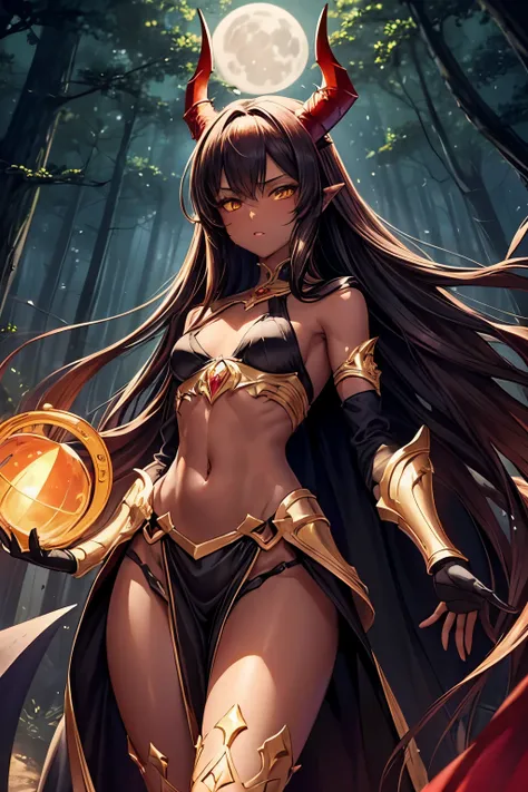 best quality, nsfw, extremely beautiful, beautiful face, long straight brown hair, yellow eyes, (Shiny dark red skin : 1.3), skinny, small breast, Demon horns, revealing dark armor, bare thigh, bare shoulder, long gloves reaching up to the shoulder, dark c...