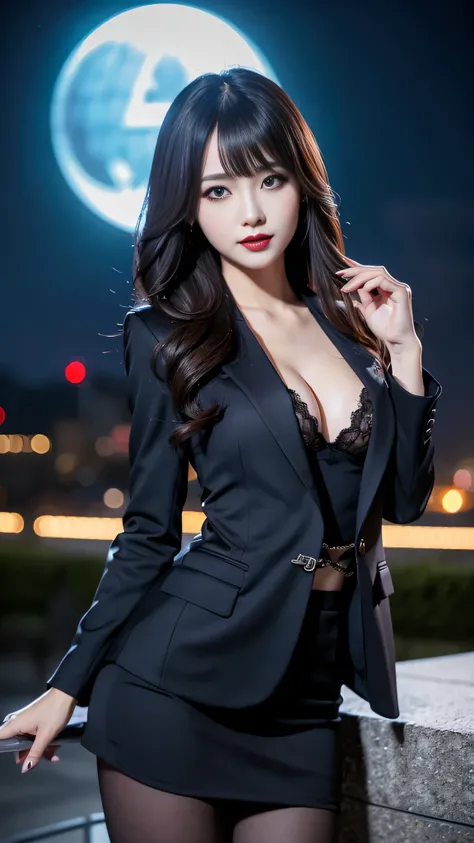 Super detailed、Japanese、charming beauty、seductive adult woman、Beautiful woman、sharp eyes、cool girl、wavy hair、flowing bangs、suit、Jacket、blouse、Tight Skirt、pantyhose、beautiful feet、evilの幹部、evil depravity、brainwashing、Mind control、lipstick、grin、evilな表情、evil、e...