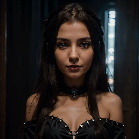 Albanian, girl, long brown hair, blue eyes, Character: Beautiful brunette shaman girl, Description: Silky short black dress, black spiky choker, Setting: Egyptian Goddess, Mood/Emotion: Cheery yet very pale, Detail: Black lipstick, Atmosphere: Bright light...