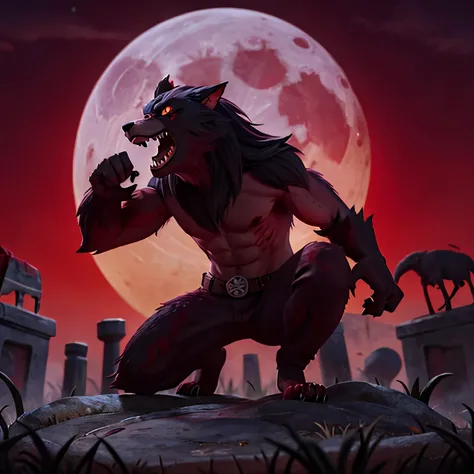 Blood thirsty werewolf, blood, fangs, red, black furr, full moon, blood moon