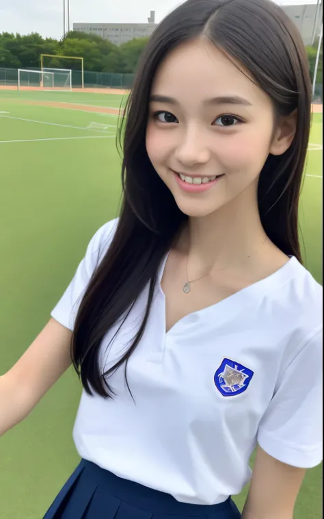 neat college girl,  person, (school uniform, summer clothes, short sleeves), outside the athletic field, (slim, small, flat, small), photorealistic, detail, skin texture, ultra detail, delicate and sexy collarbone, smile, super detailed face, detailed lips...