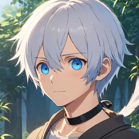 masterpiece, best quality, movie still, 1man, neutral face, (male focus:1.2), (cute:1.2), 9s from nier automata, blushing, blue eyes, white hair, choker